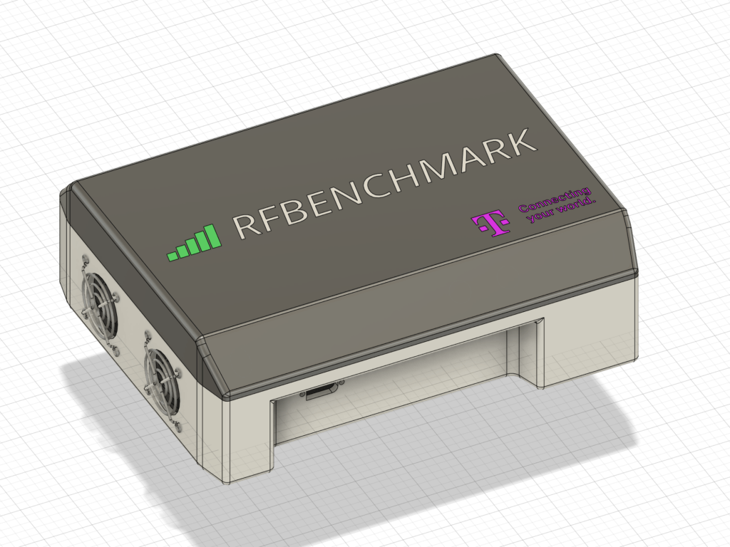 To jest zaprojektowany model 3D obudowy sprzętu elektronicznego, ukazujący ogólny zarys i formę urządzenia.